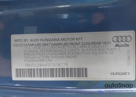 2003 Audi Tt 1.8L from USA, damaged, VIN TRUTC28N431018179